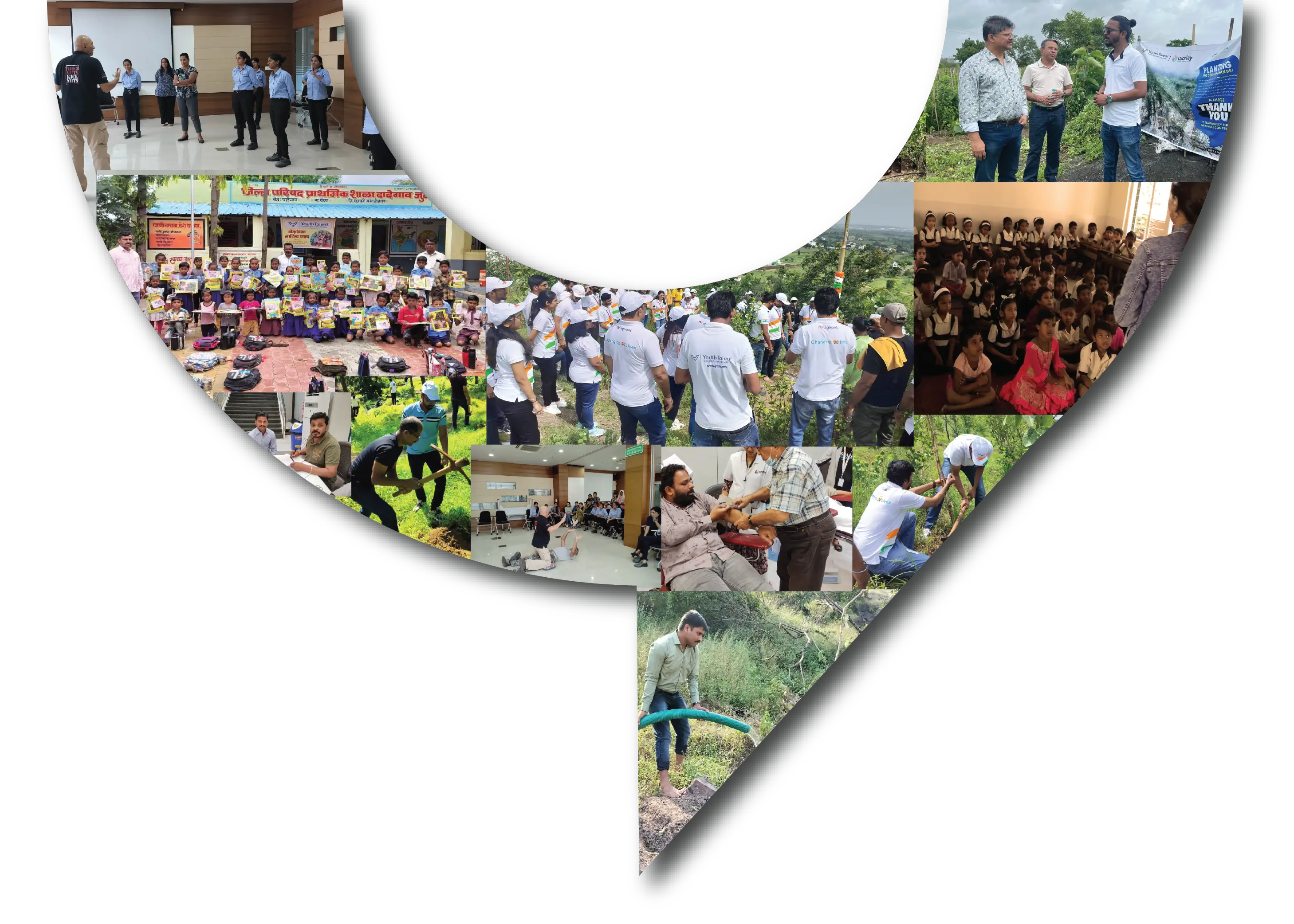 Youth development activities collage in Y shape showing tree plantation, education, and community initiatives by YTDS